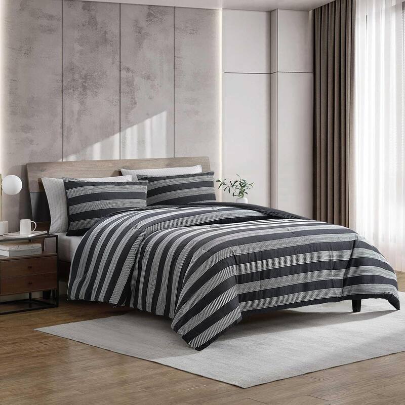 Kenneth Cole Banded Stripe Textured Black 7 Piece Comforter Bonus Set