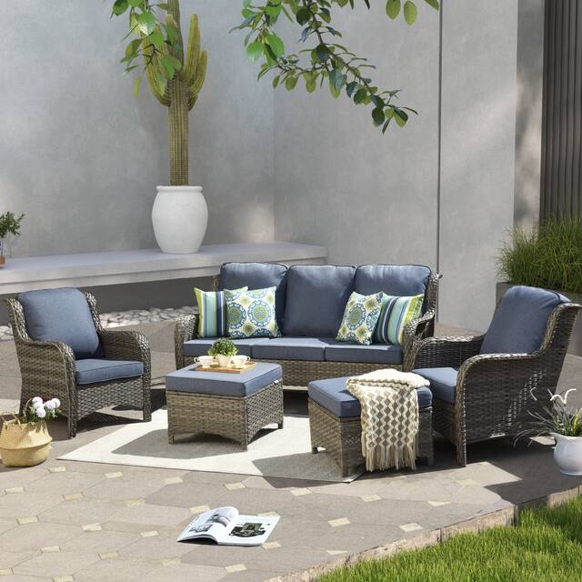 OVIOS 5-piece Patio Conversation Wicker Furniture Set - Light Blue