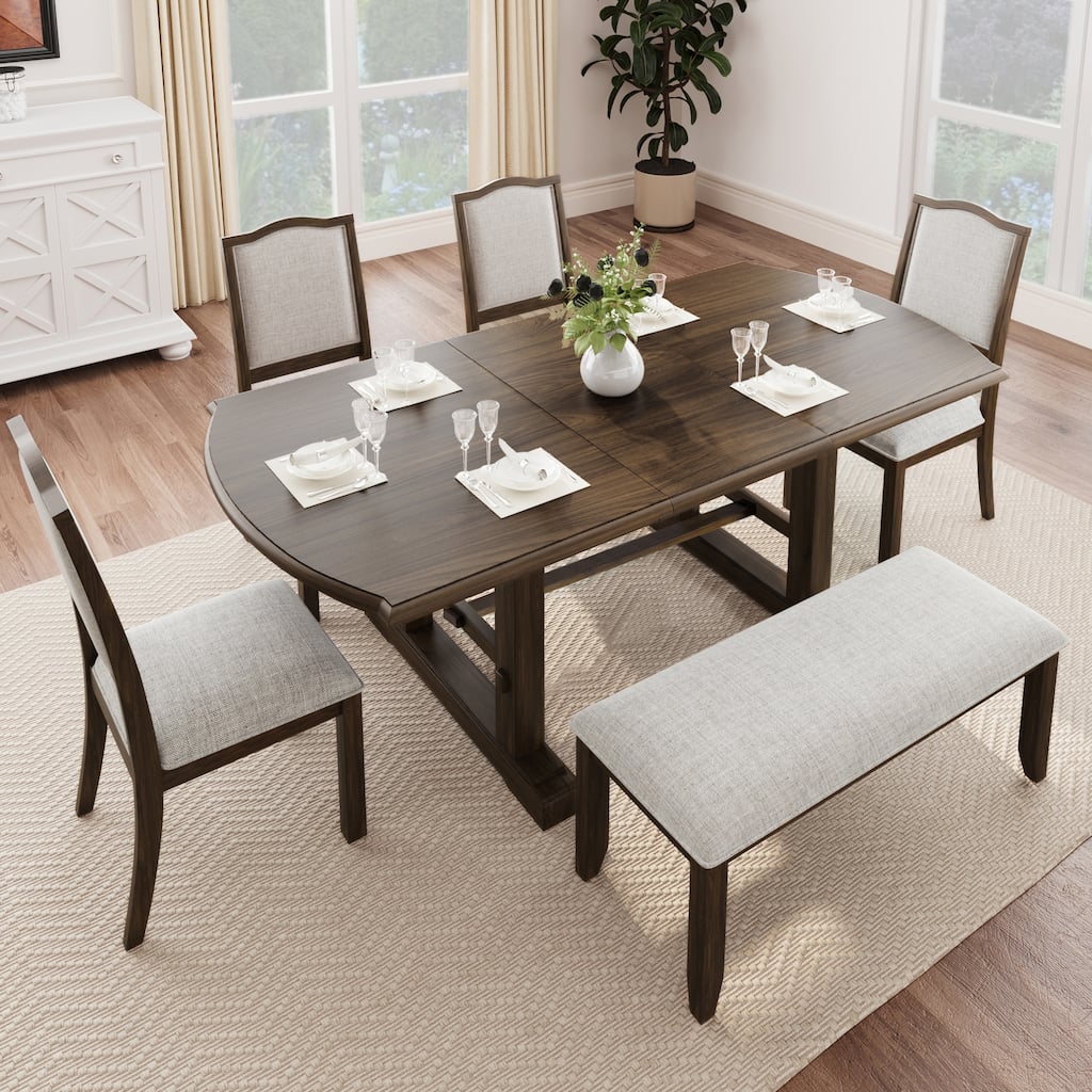 6 Piece Dining Table Set for 6, Extendable Wood Dining Table, Kitchen Table Set with 4 Side Chair & Bench, Removable Leaf