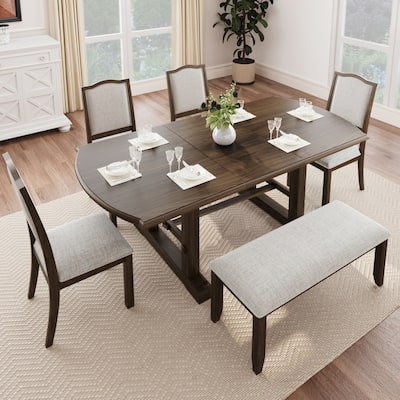 Wood Extendable Dining Table Set, 6 Piece Kitchen Table Set with 4 Upholstered Side Chair & Bench for Home Apartment