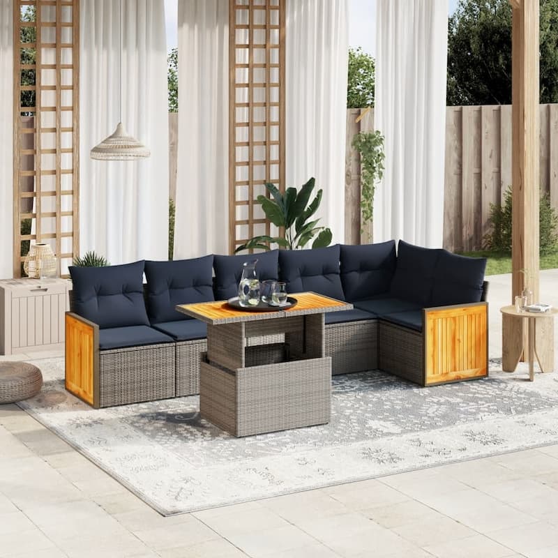 vidaXL Patio Sofa Set with Cushions Outdoor Furniture 7 Piece Poly Rattan - 21.7 x 24.4 x 27.2 - Grey