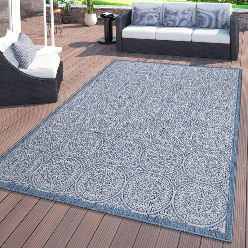 World Rug Gallery Transitional Floral Circles Textured Flat Weave Indoor/Outdoor Area Rug - 5' X 7' - Blue