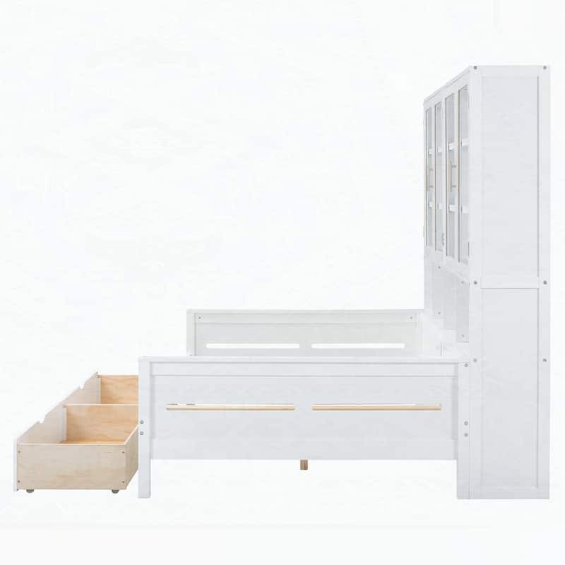 Wooden Daybed with Glass-Door Storage Cabinets and Built-in LED Lighting