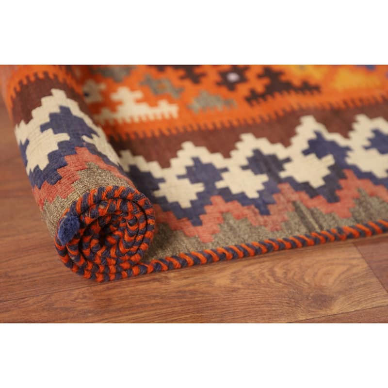 Orange Kilim Qashqai Persian Vintage Area Rug Hand-Woven Wool Carpet - 5'2"x 8'11"