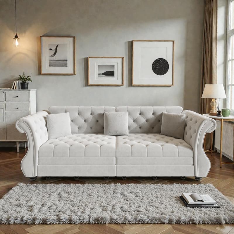 97.6 Inch Chesterfield Pull Out Sofa Bed, Velvet Roll Arm Couch with Flower Tufting, Convertible Sleeper