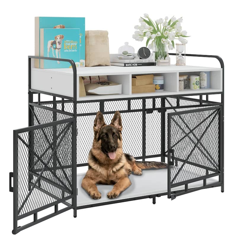 BOSSIN Large Dog Crate Furniture,Wooden Dog Kennel Table with Storage Drawers, Heavy Duty Metal Mesh,Decorative Pet House Indoor