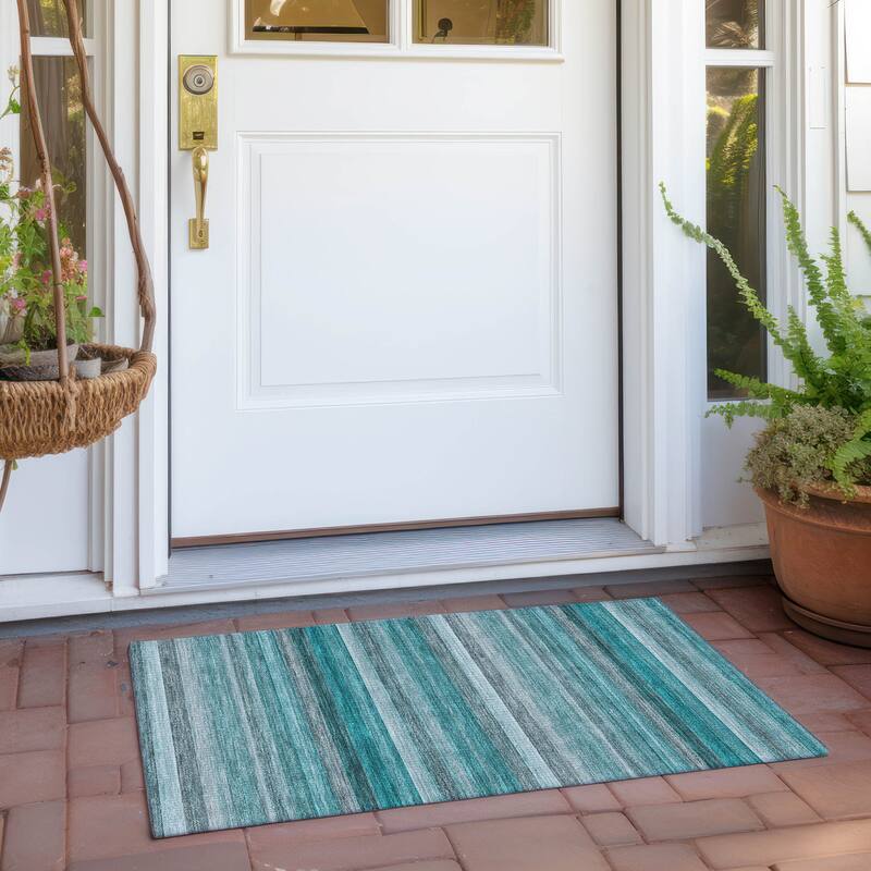 Machine Washable Indoor/ Outdoor Ombre Stripes Chantille Rug - Teal - 1'8" x 2'6"