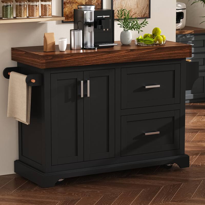 53 Inch Kitchen Island Cart with Thick Desktop Drawers Spice and Towel Racks