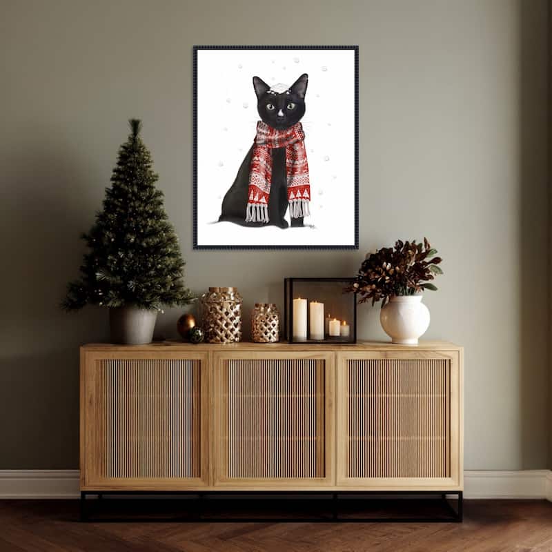 Black Cat Red Scarf by Fab Funky (23 x 28 in.), Framed Canvas Wall Art Print - Sylvie Beaded Black