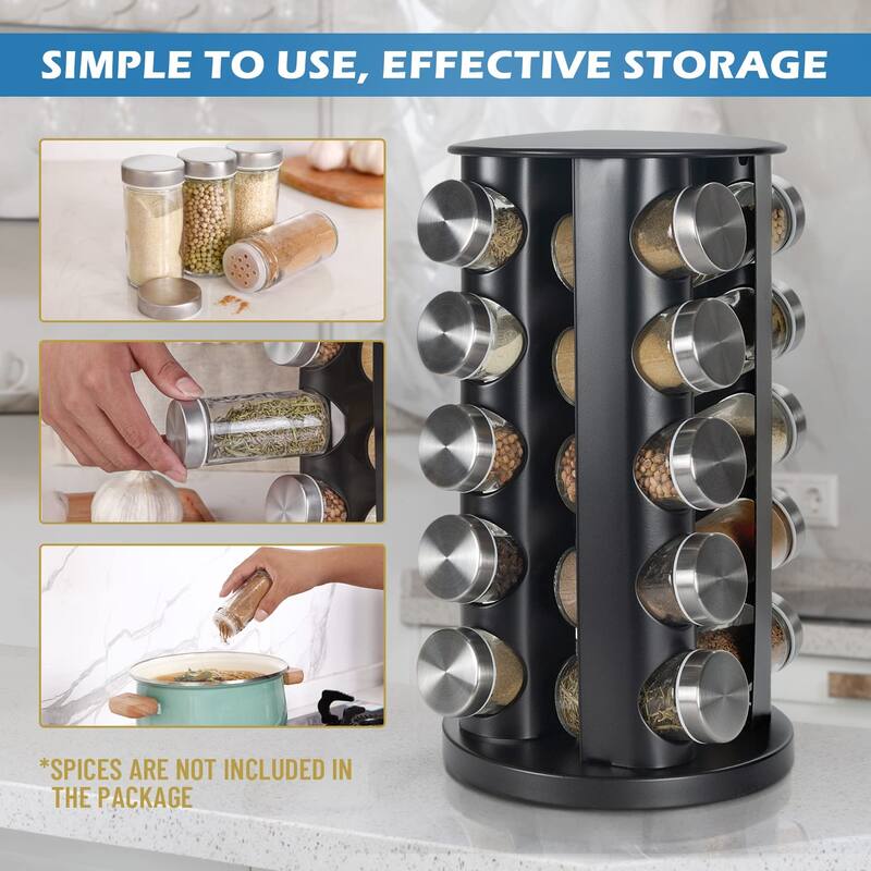 Black Countertop Revolving Spice Rack,Empty 20-Jars Rotating Spice Rack Organizer,Round Carousel Tower, 135 Spice Labels