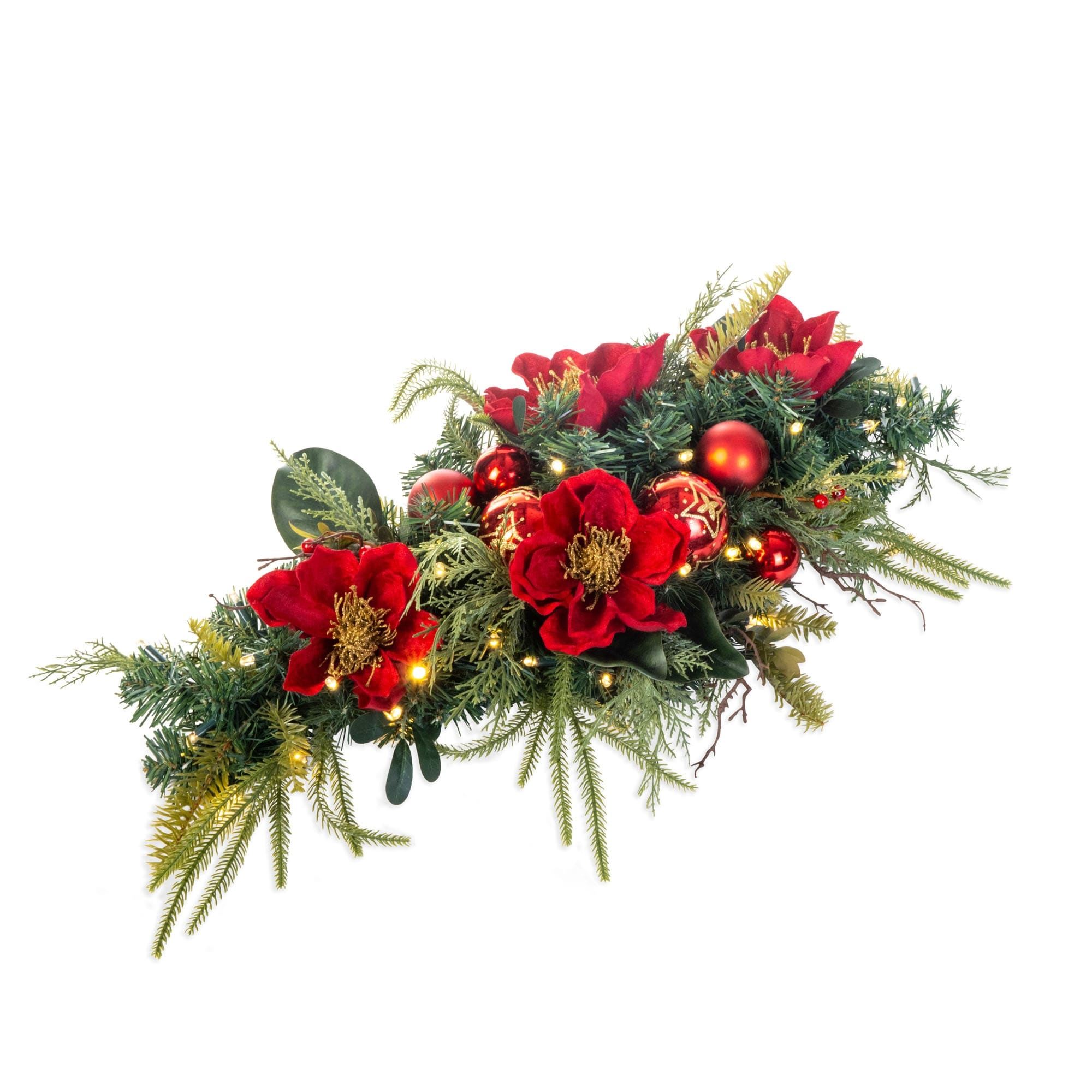 Pre-Lit LED Table Top Centerpiece Swag - Golden Leaf Red Magnolia - 36