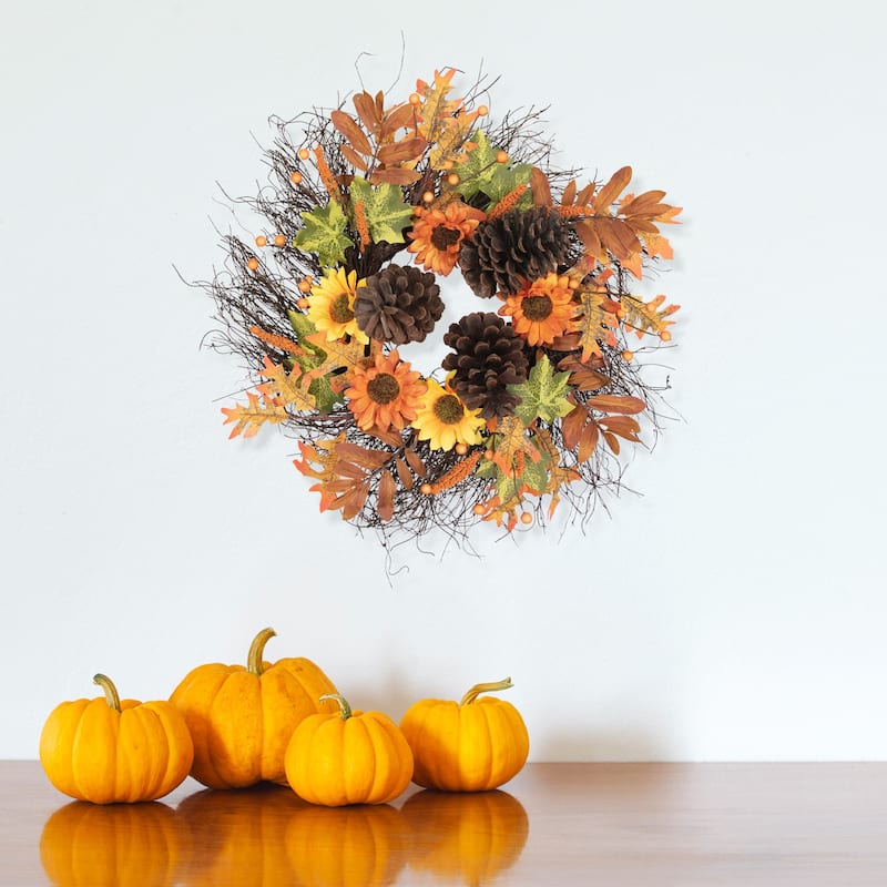 Sunflowers Pine Cones Fall Artificial Thanksgiving Wreath, 24", Unlit