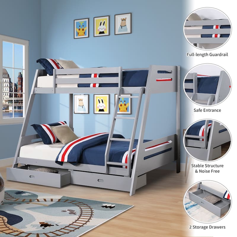 Modern Gray Solid Wood Twin Bunk Bed with Storage Drawers
