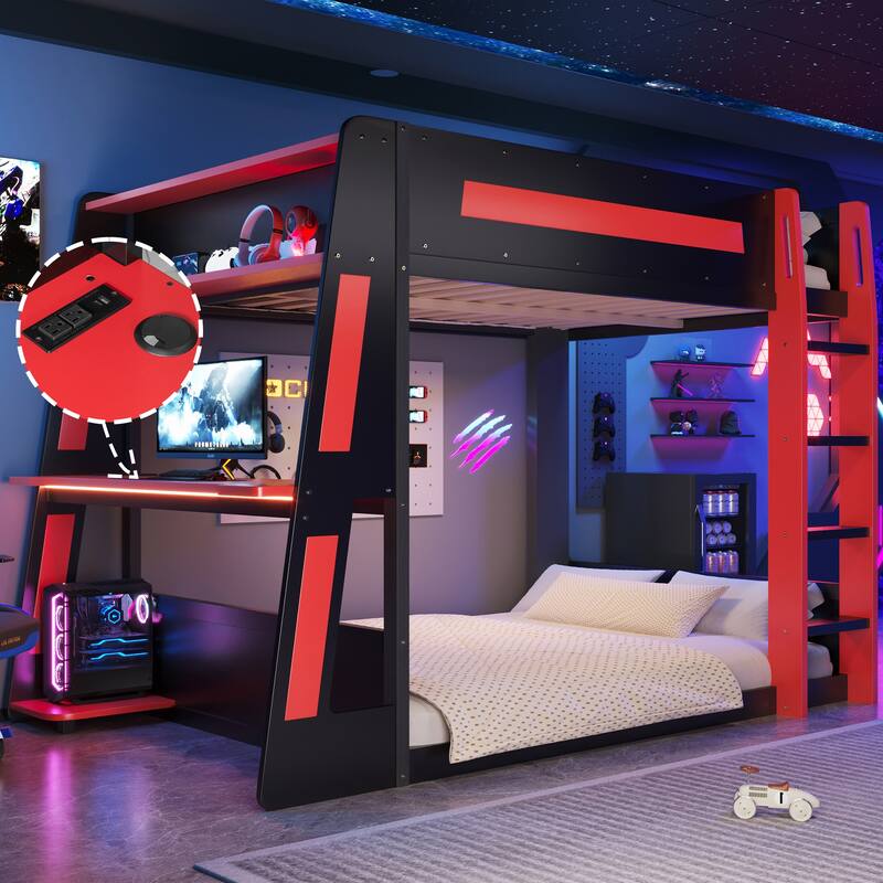 Gaming Bunk Bed with Computer Desk, Storage Shelves, USB Port and LED Strip Lighting, Esports Design, Wooden Gaming Bed