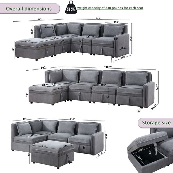 Dark Grey Corduroy Lshape Sectional Storage Sofa Sets with Ottoman