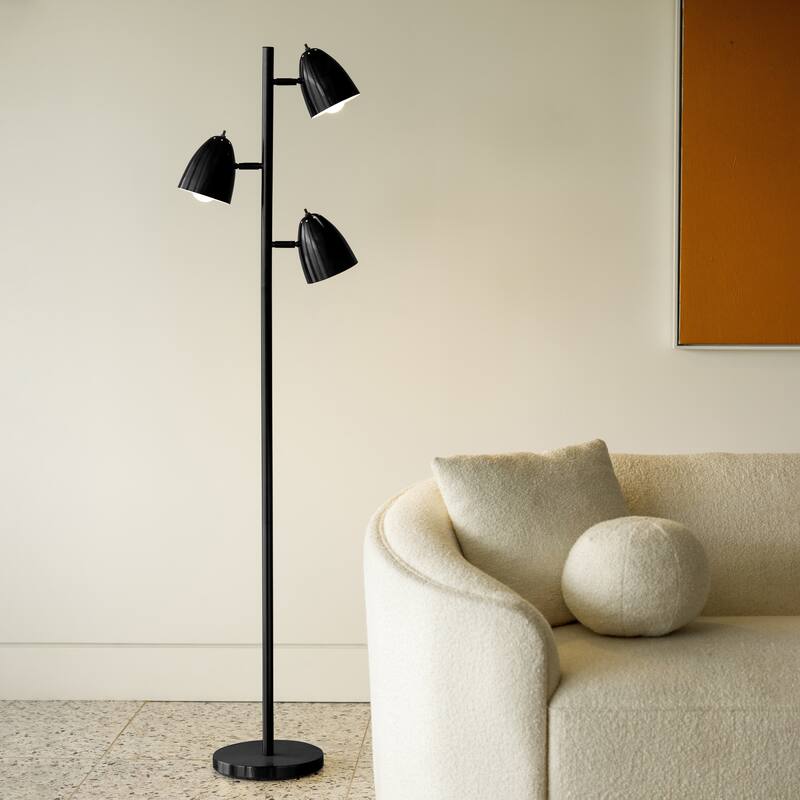 Brightech Jacob 64 in. Classic Black Mid-Century Modern 3-Light Adjustable LED Floor Lamp with 3 Black Metal Cone Shades