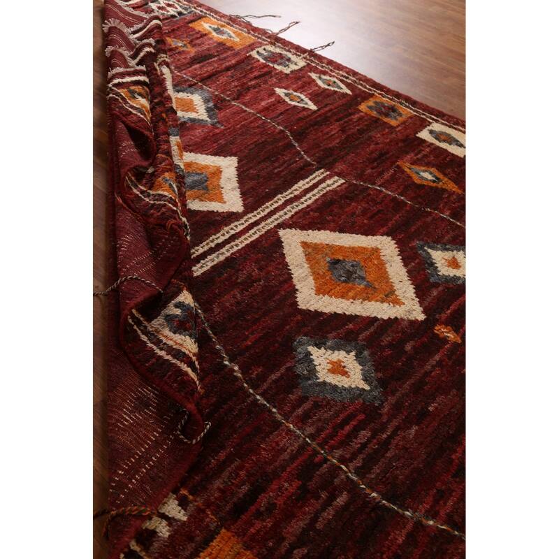 Hand Knotted Oriental 100% Wool Carpet Modern Tribal Red Moroccan Area Rug - 9' 7'' X 6' 10''