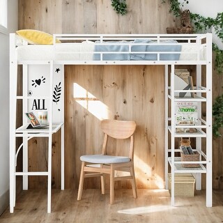 Twin Size Loft Bed with 3 Layers of Shelves and Desk with Whiteboard