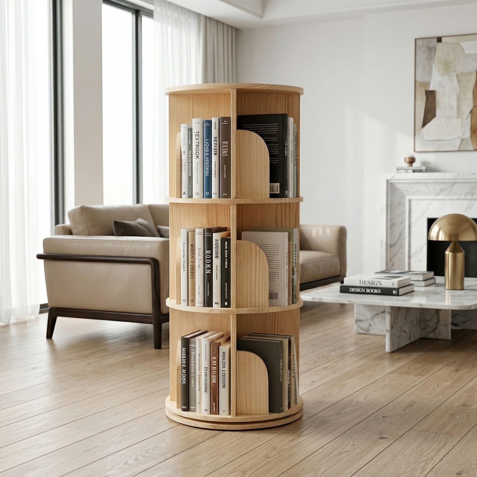 3 Tier Rotating Bookshelf, Round Floor Standing Bookcase with 360°Spinning Design, Wooden Storage Display Shelf