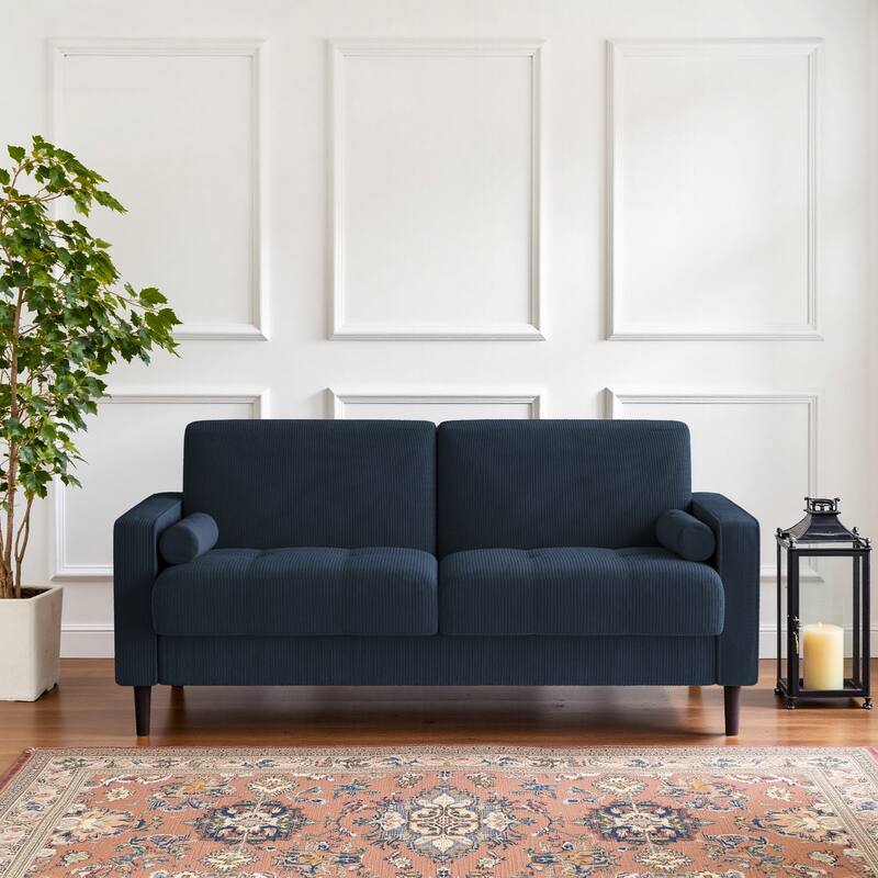 Modern Corduroy Upholstered Loveseat with Bolster Pillows and Wood Legs