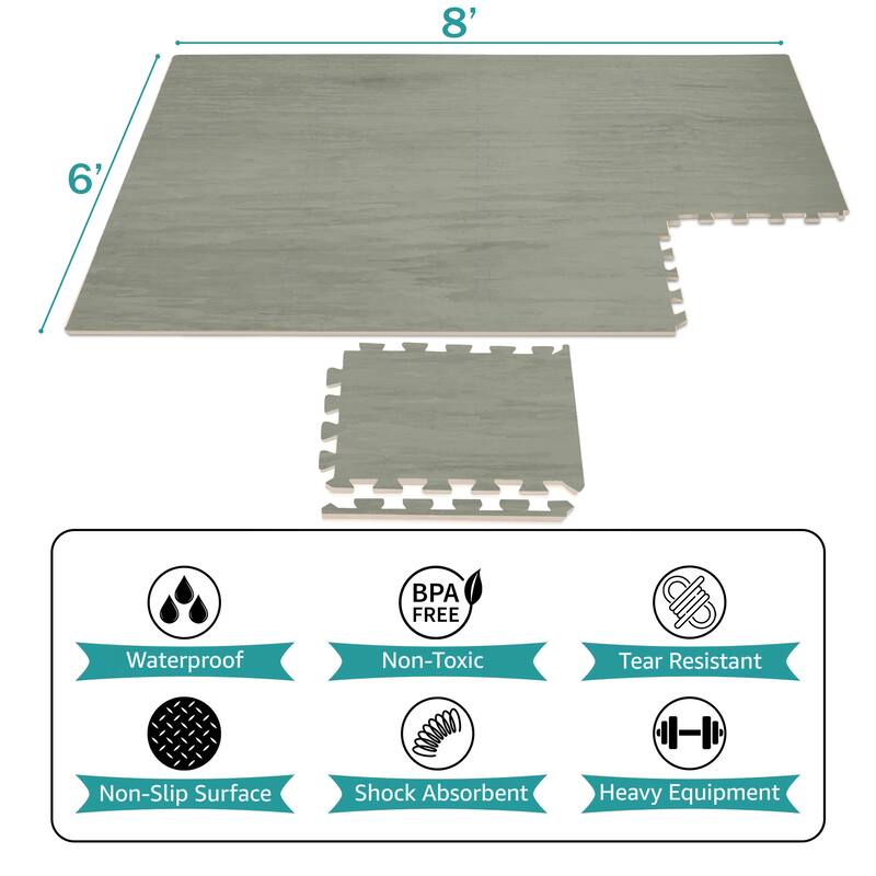 Interlocking Floor Mat - Gray Wood Print, 12 Pieces and Borders