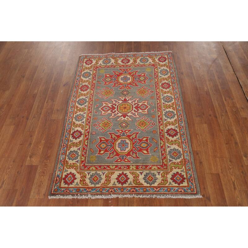 Gray Kazak Foyer Rug Handmade Geometric Wool Carpet - 2'9"x 4'1"