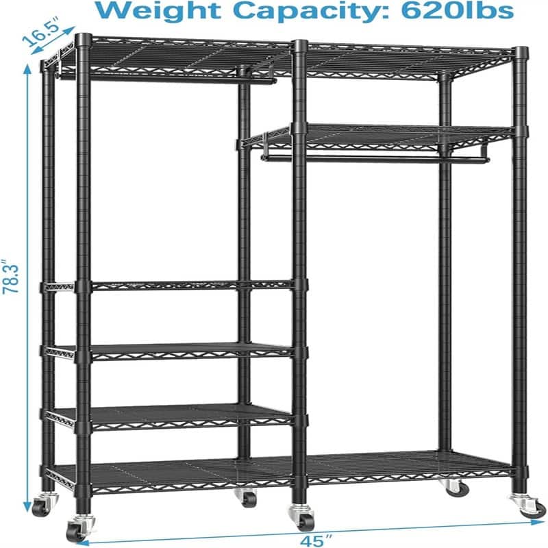 Rolling Garment Rack 6 Tiers - 16.5"D x 45"W x 78.3"H
