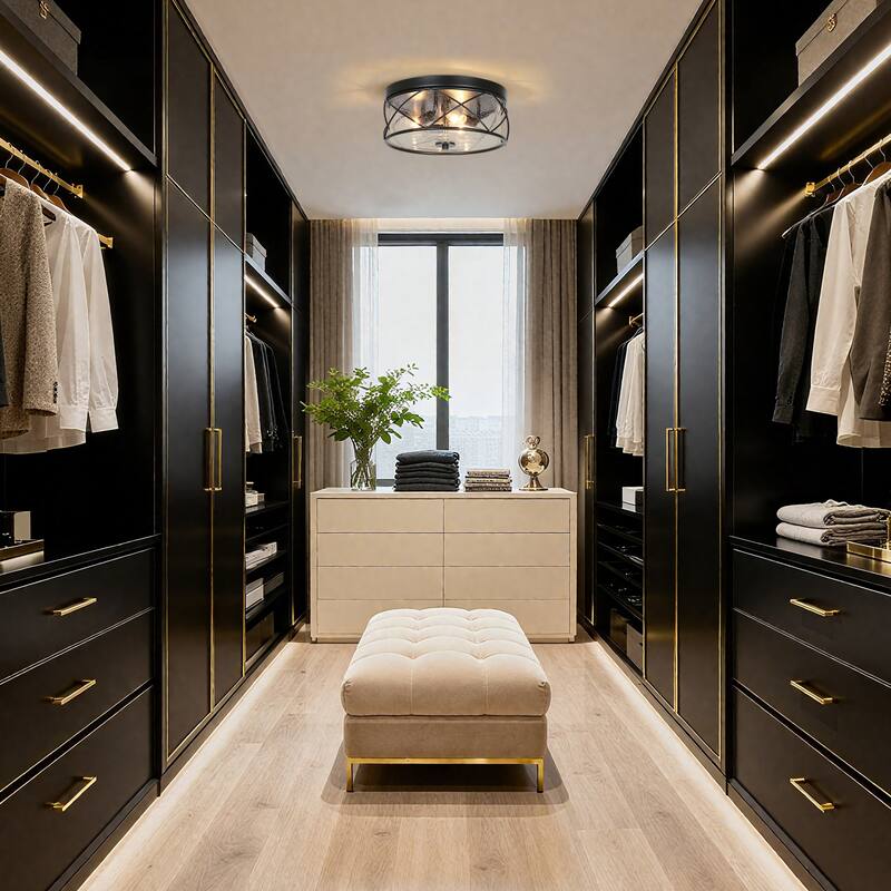 Raretta Modern Farmhouse Black 3-Light Drum Flush Mount Glass Ceiling Light - D13" x H6"