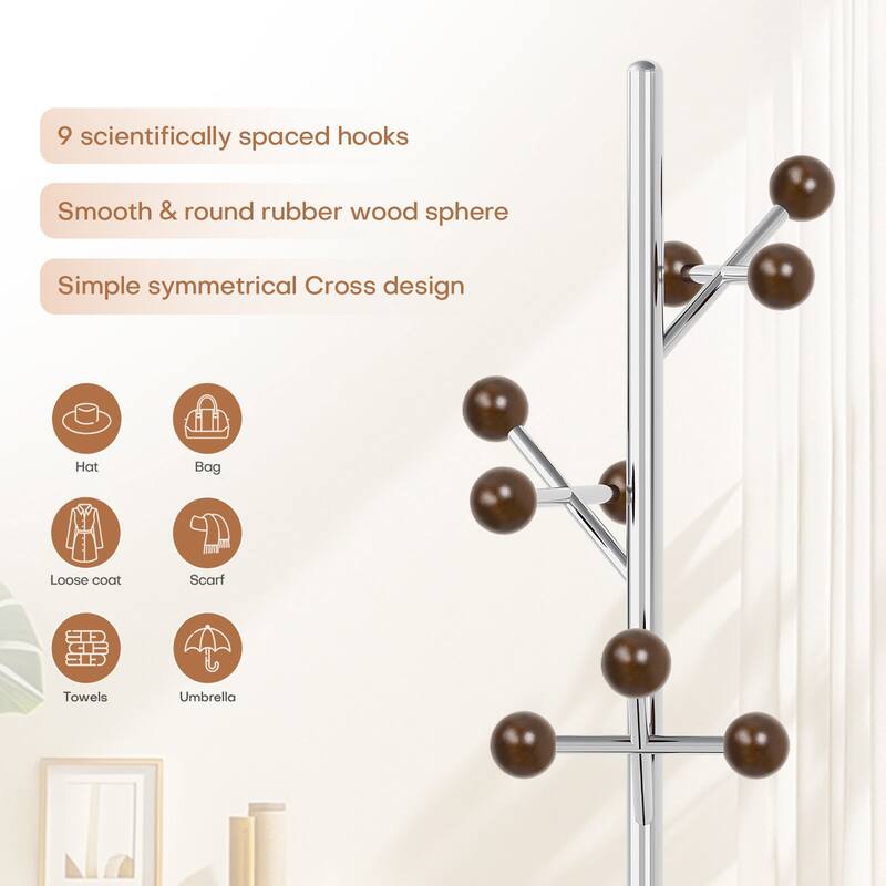 Coat Rack Freestanding, Metal Coat Tree with 8 or 9 Hooks and Heavy Duty Marble Base - 71.26”H x 14.96”W