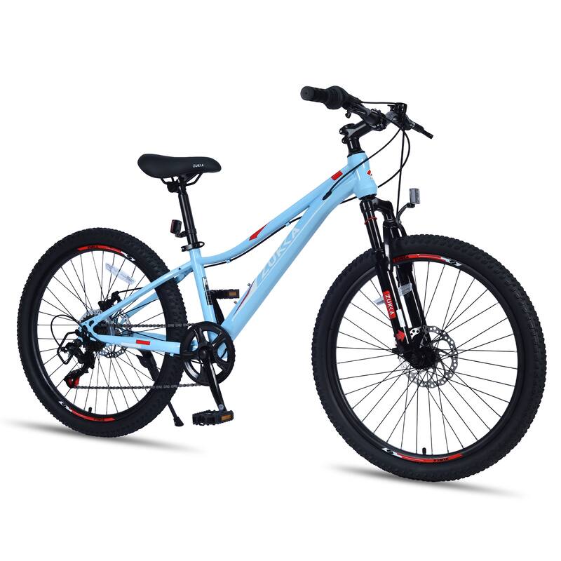 Comfort Mountain Cycling Bike, 24 Inch Shimano 6-Speed Bicycle with Suspension Fork, Steel Frame for Teens, 16 Years and Up - Blue