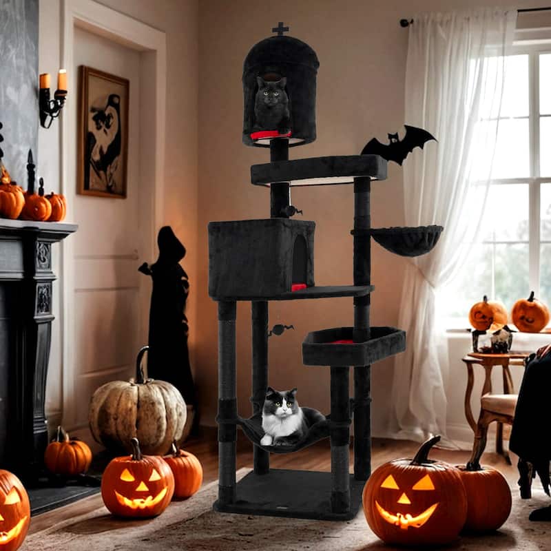 Black Gothic Cat Tree with 2 Cat Condos and Coffin Bed for Indoor Use - 24" x 19.5" x 80" - Black-Red