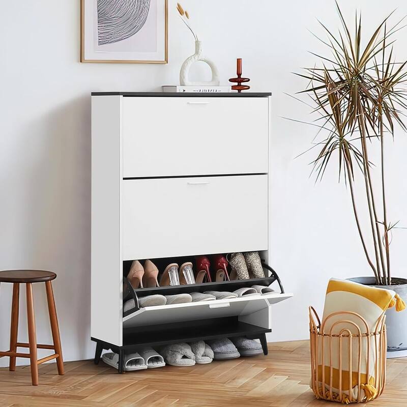 White 3-Drawer Narrow Shoe Cabinet - 47" Tall Wooden Flip Drawer