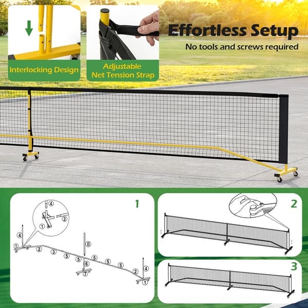 dimension image slide 0 of 2, Black, Yellow Metal Portable Pickleball Net with Wheels and Carry Bag - 22 ft. x 24" x 36" (L x W x H)