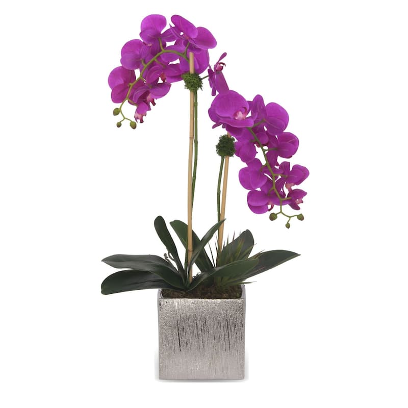 Real Touch Purple Orchids & Geodes Arrangement in Silver Ceramic Pot