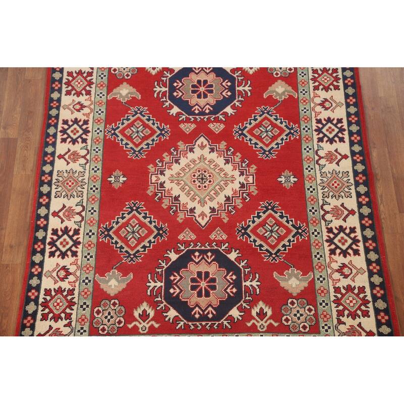 Geometric Kazak Area Rug Handmade Red Wool Carpet - 5'1" x 6'8"