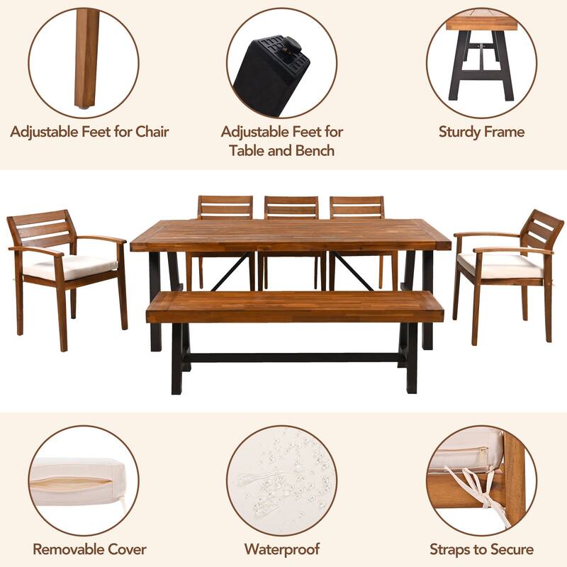 Outdoor Wood Dining Set For 7-8 Person with Removable Cushions, Ergonomic Chairs & Bench