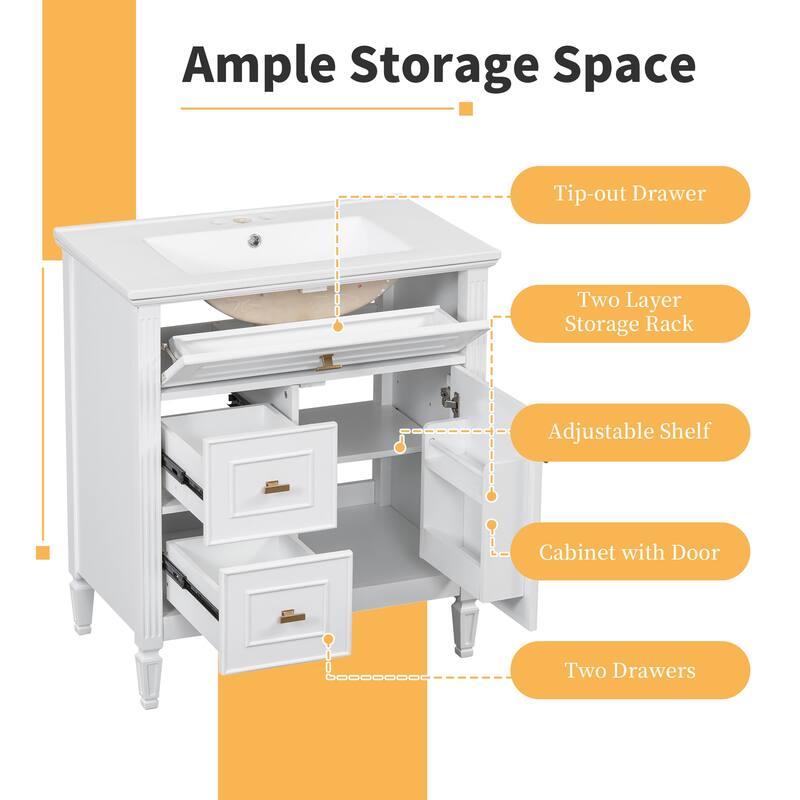 Roomfitters 30" Bathroom Vanity with Ceramic Sink, Solid Wood Frame with Flip Drawer, 2 Side Drawers & Adjustable Shelf