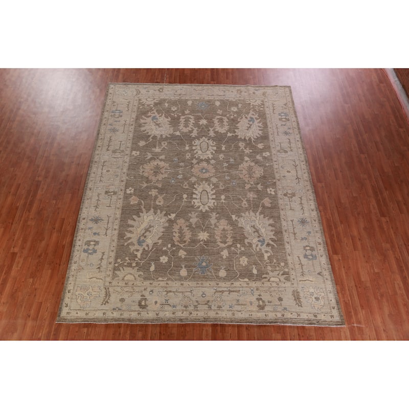 Hand Knotted Oriental 100% Wool Carpet Transitional Floral Brown Oushak Area Rug - 12' 0'' X 9' 4''