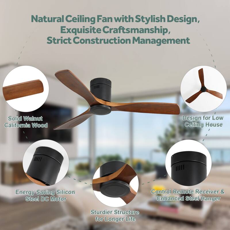 52 Inch Low Profile Ceiling Fan without Light, Flush Mount Remote Ceiling Fan with 3 Solid Wood Blades, Reversible DC Motor