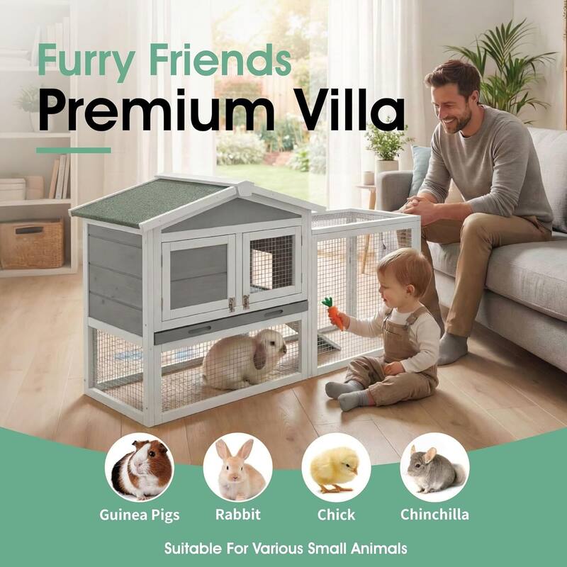 60" Outdoor Indoor Large Rabbit Hutch for Rabbits, Chickens, Ducks