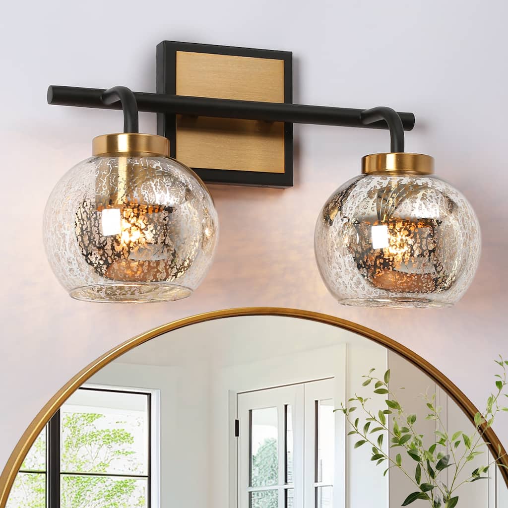 Ziv Modern Glam 2-Light Black Gold Bathroom Vanity Lights with Mercury Glass - 15" L x 7" W x 9.5" H
