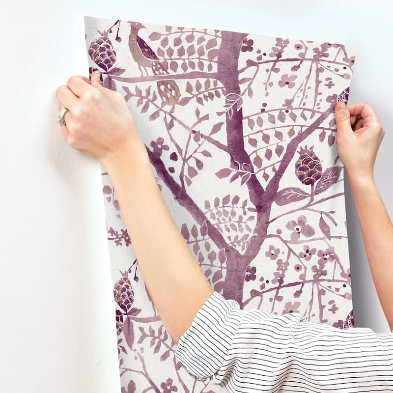 Edinburgh Purple Non-Woven Unpasted Bohemian Peacock Block Print Wallpaper Covers about 60.75 sq. ft.