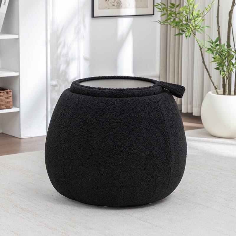 SEYNAR 25" Faux Sherpa Round Storage Ottoman - Large Cozy Bouclé Footrest Stool