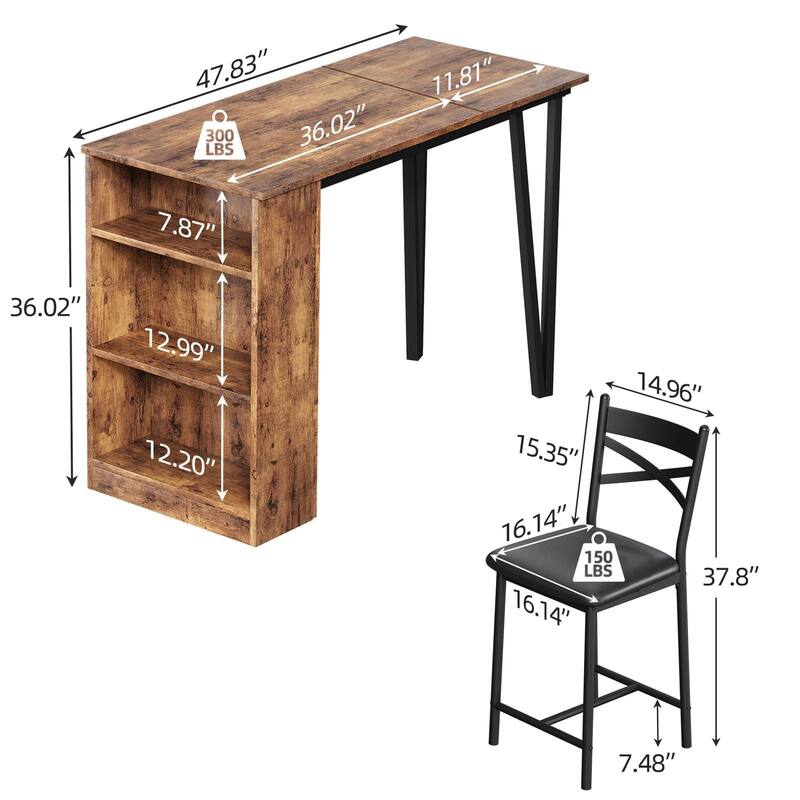 3 Piece Bar Table Set with 2 Upholstered Chairs for Apartment