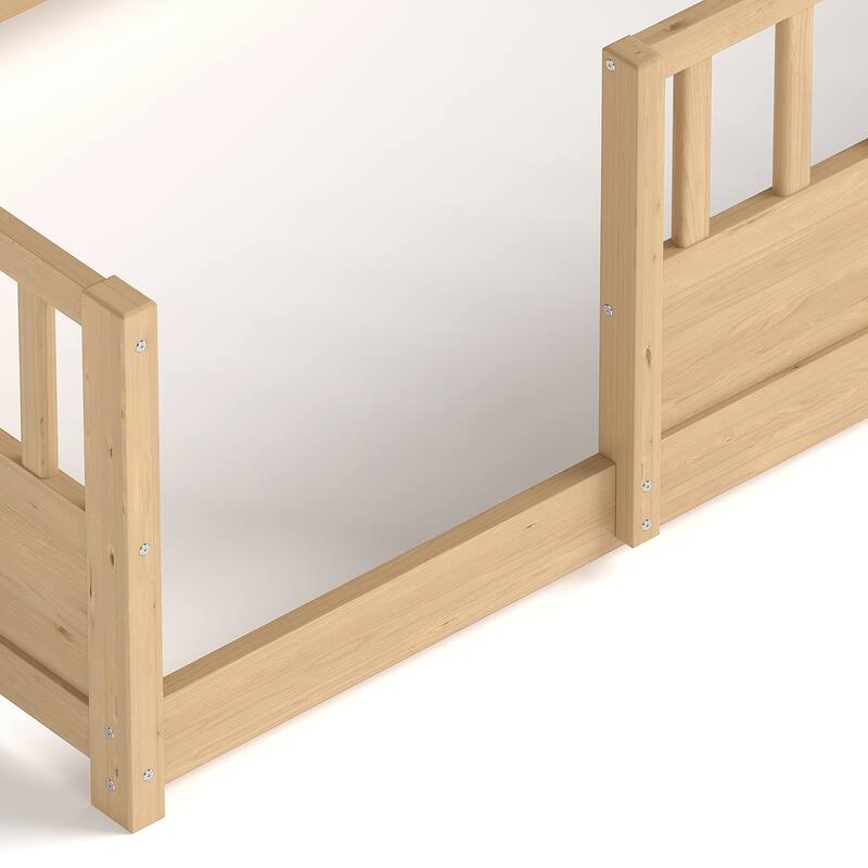 Wooden Floor Bed Frame with Fence Guardrail & Side Storage, Low Profile Kids Bed (Full/Twin)
