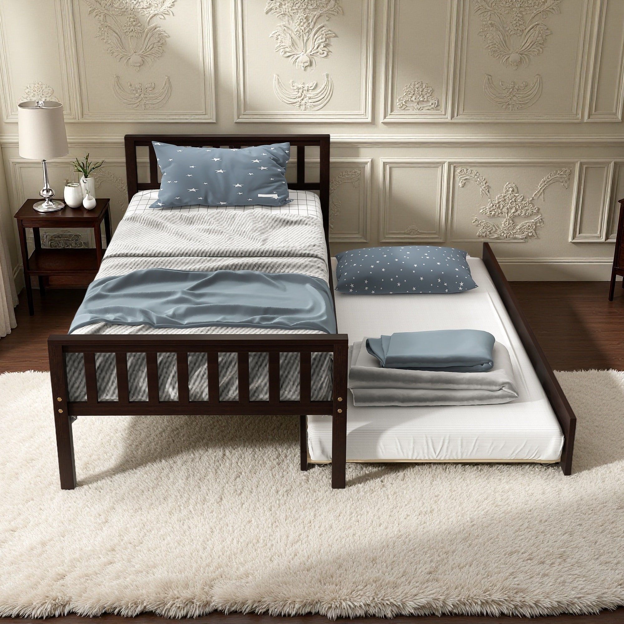 Twin Size Wood Platform Bed with Trundle and No Box Spring Needed