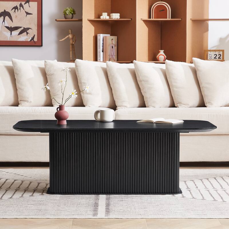 Modern Coffee Table Stylish Rectangular Center Table with Oak Tabletop and Frame, for Living Room, Black