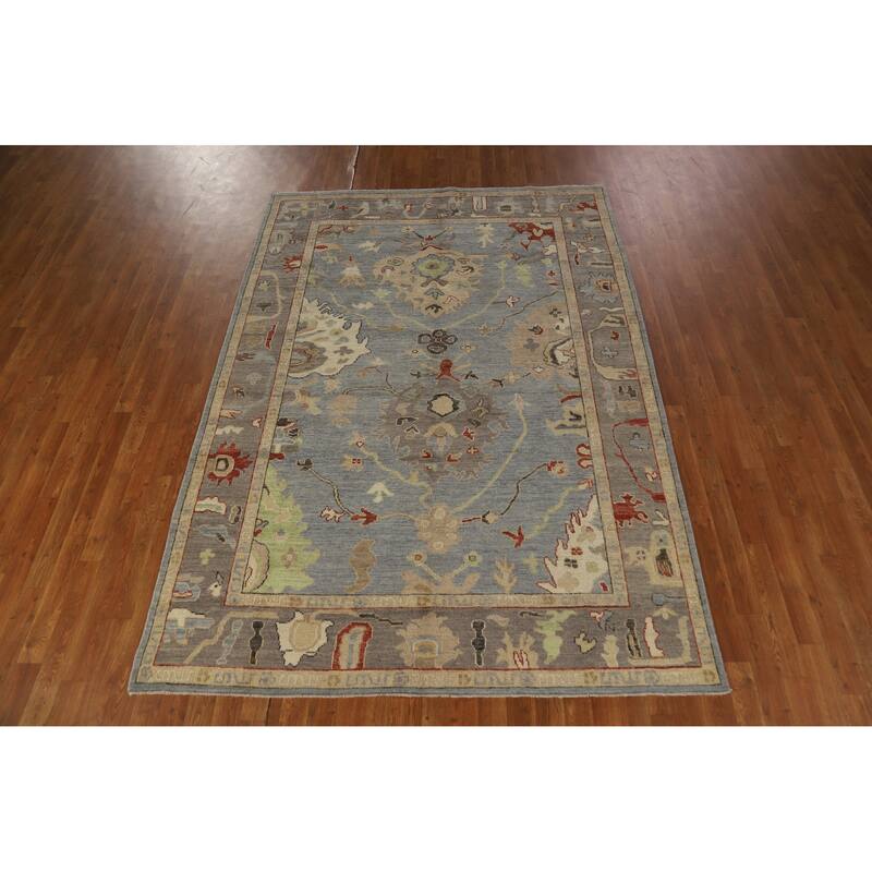 Hand Knotted Oriental 100% Wool Carpet Transitional Floral Navy Blue & Blues Oushak Area Rug - 8' 6'' X 6' 0''