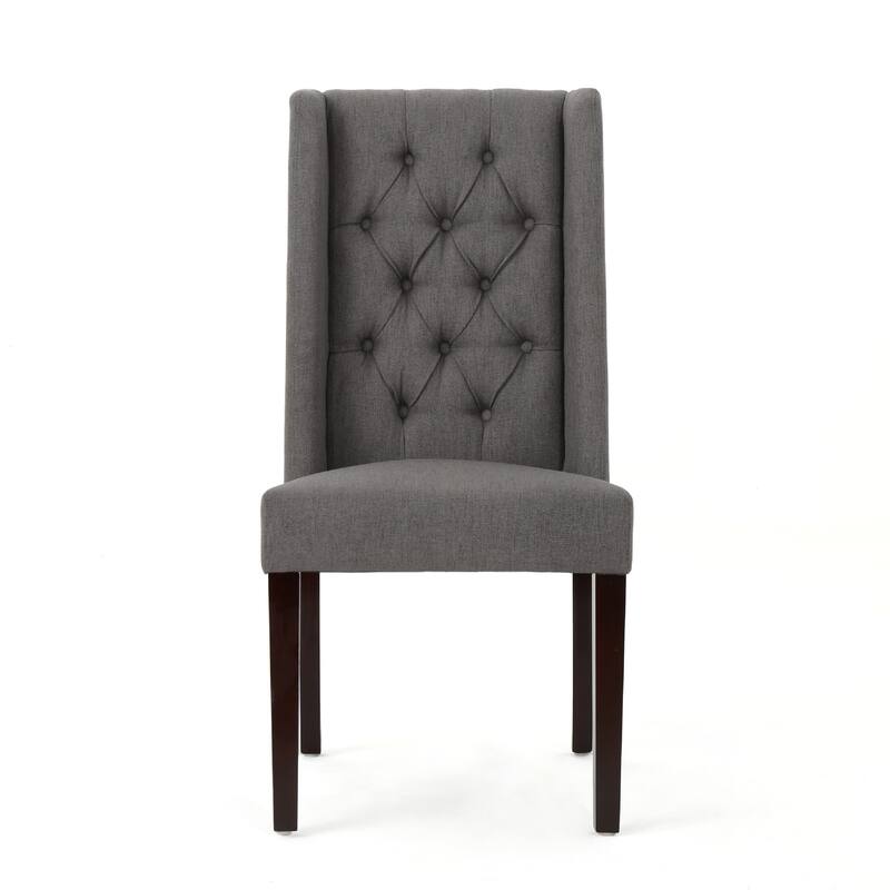 Nathan Dining Chair Set of 2, Dark Brown Wood, Tufted Gray Wingback