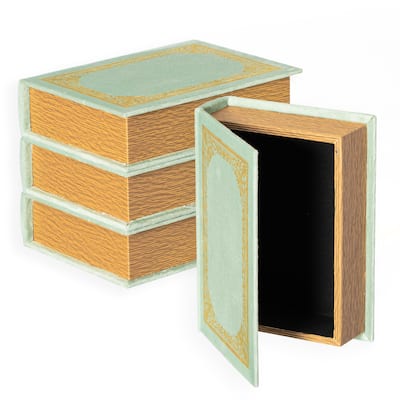 Set of 4 Decorative Vintage Book Shaped Trinket Storage Box, Antique Green